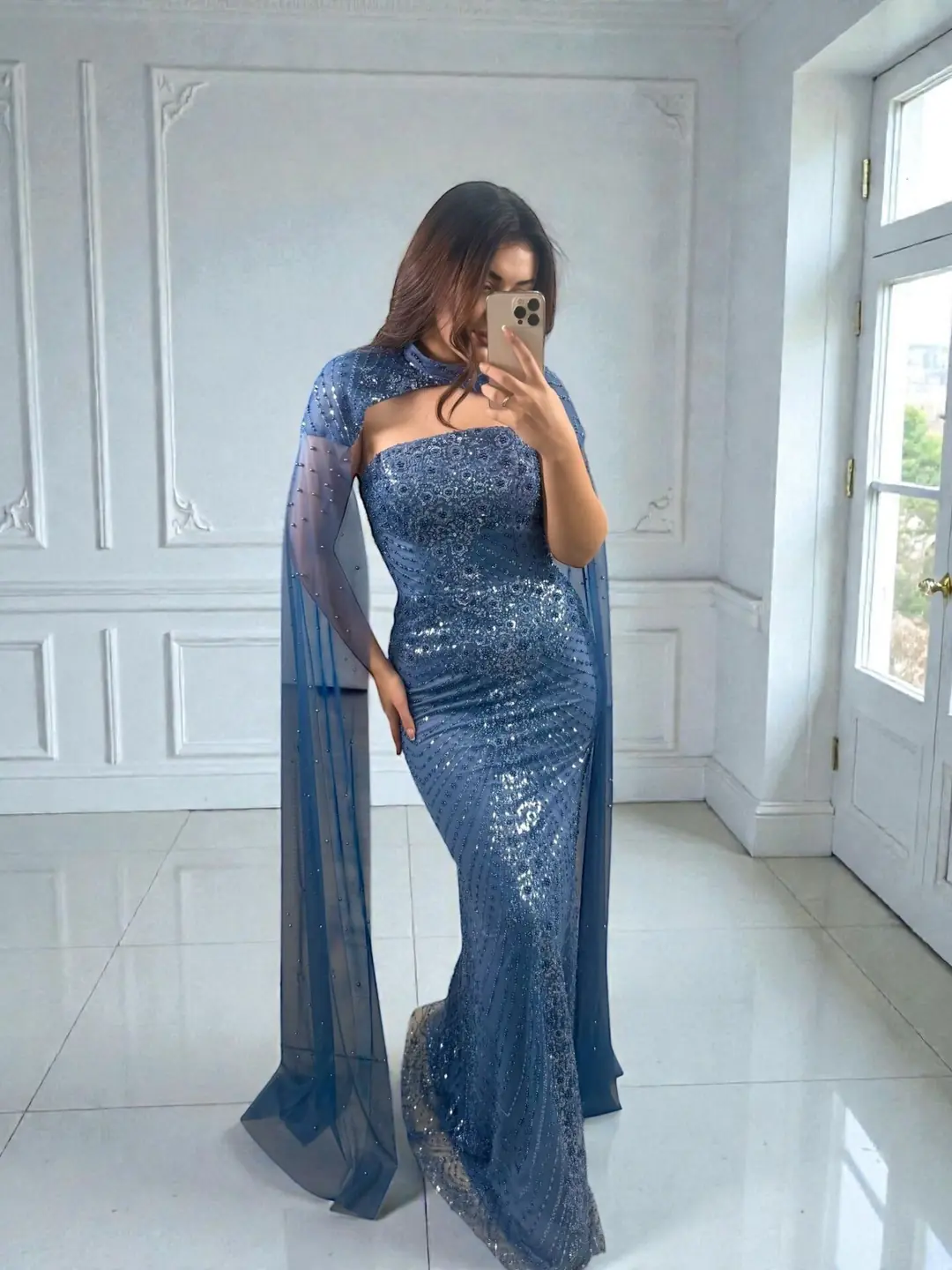 Valentina Boncuk Payet İşlemeli Pelerinli İndigo Tasarım Abiye Elbise