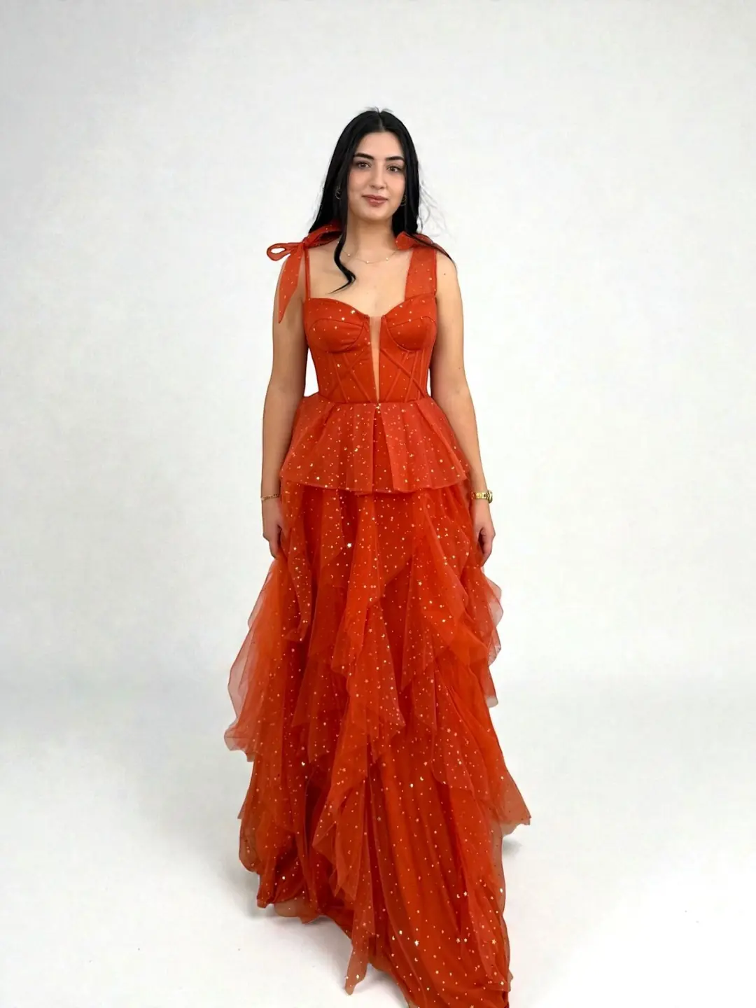 Siana Korseli Katlı Model Turuncu Renk Abiye Elbise