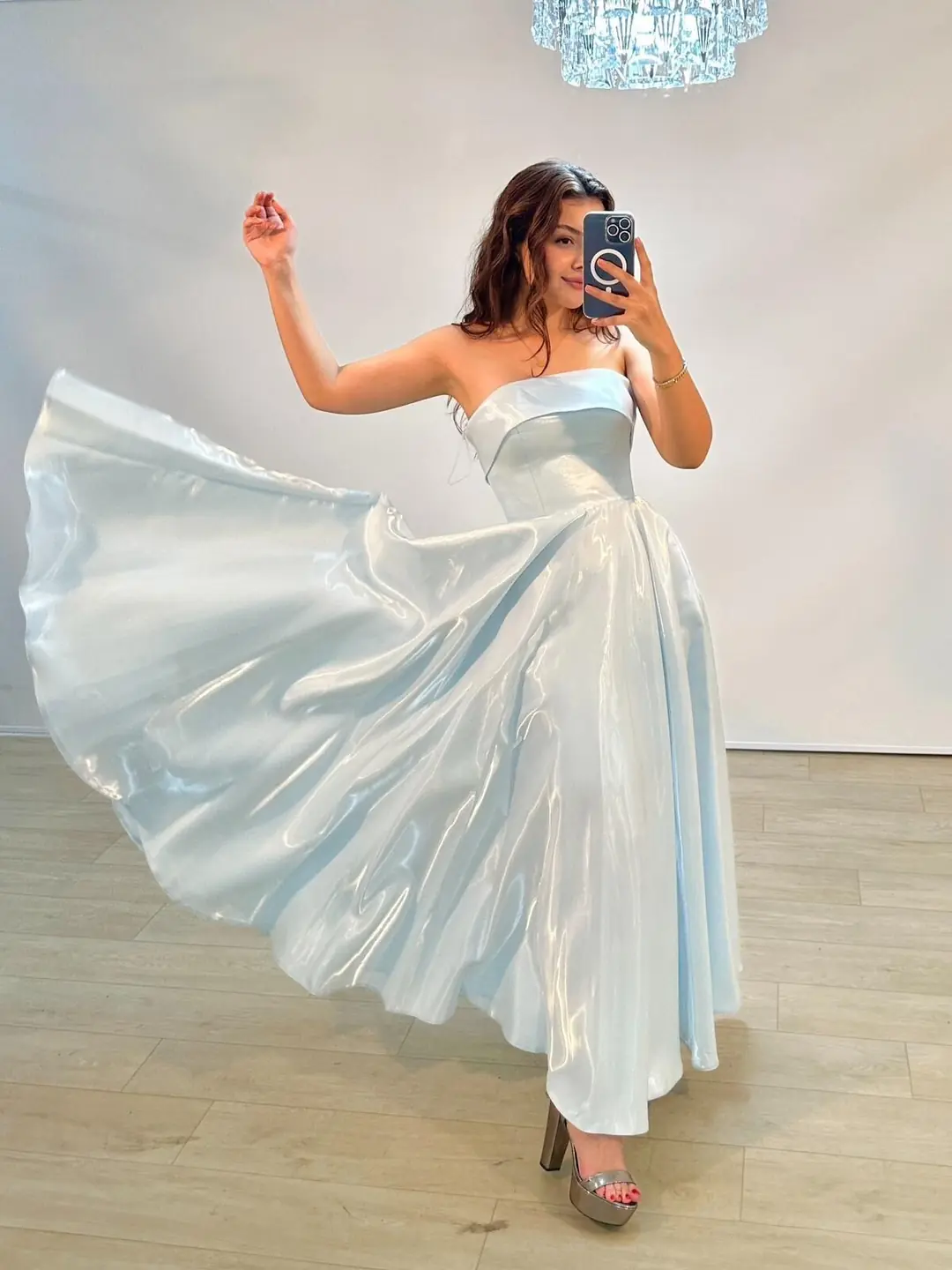 Stella Hologram Saten Straplez Bilek Boy Bebe Mavisi Renk Abiye Elbise