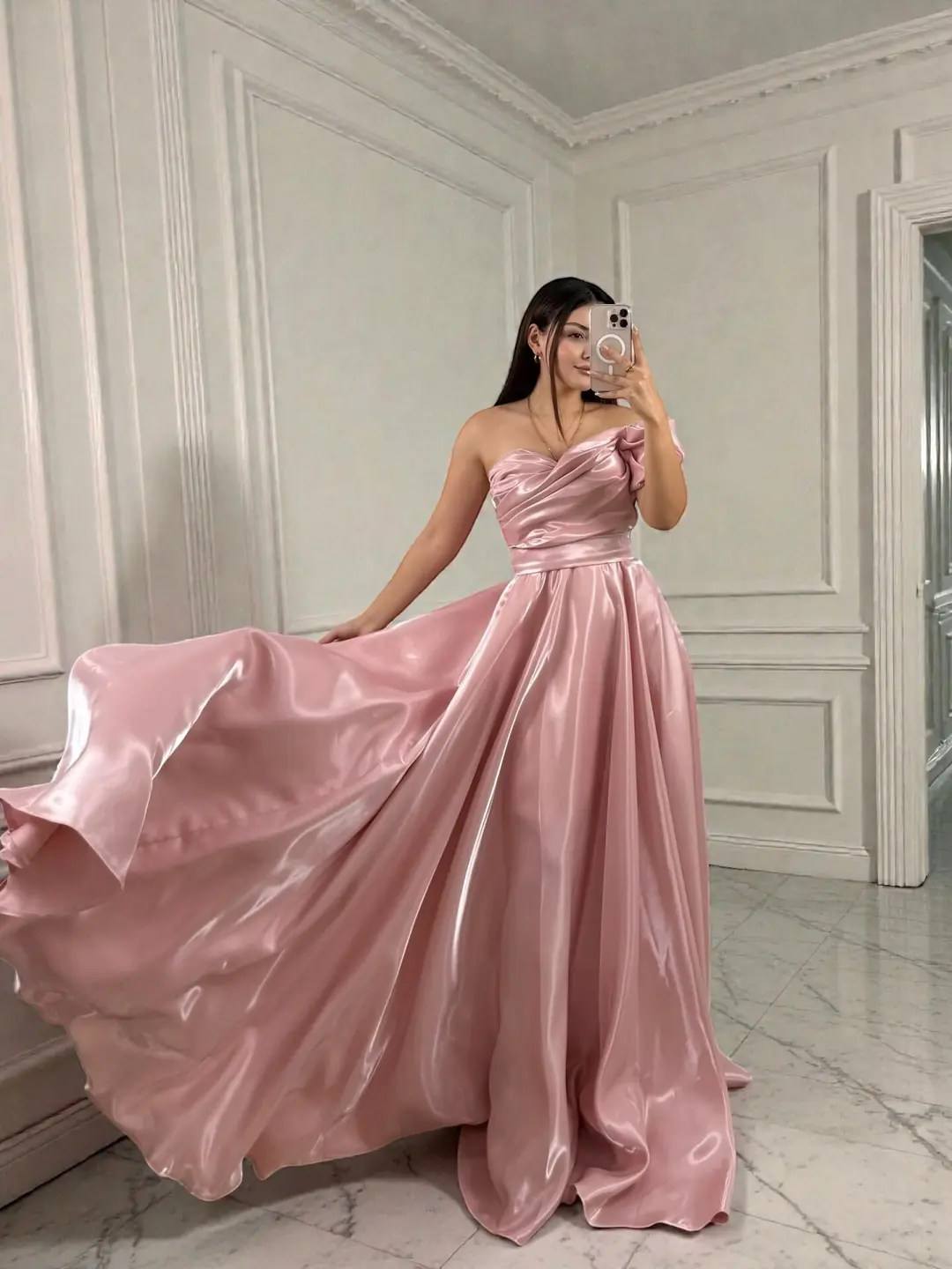 Ürün görseli: Galya Tek Kol Saten Parlak Pudra Pembe Abiye Elbise