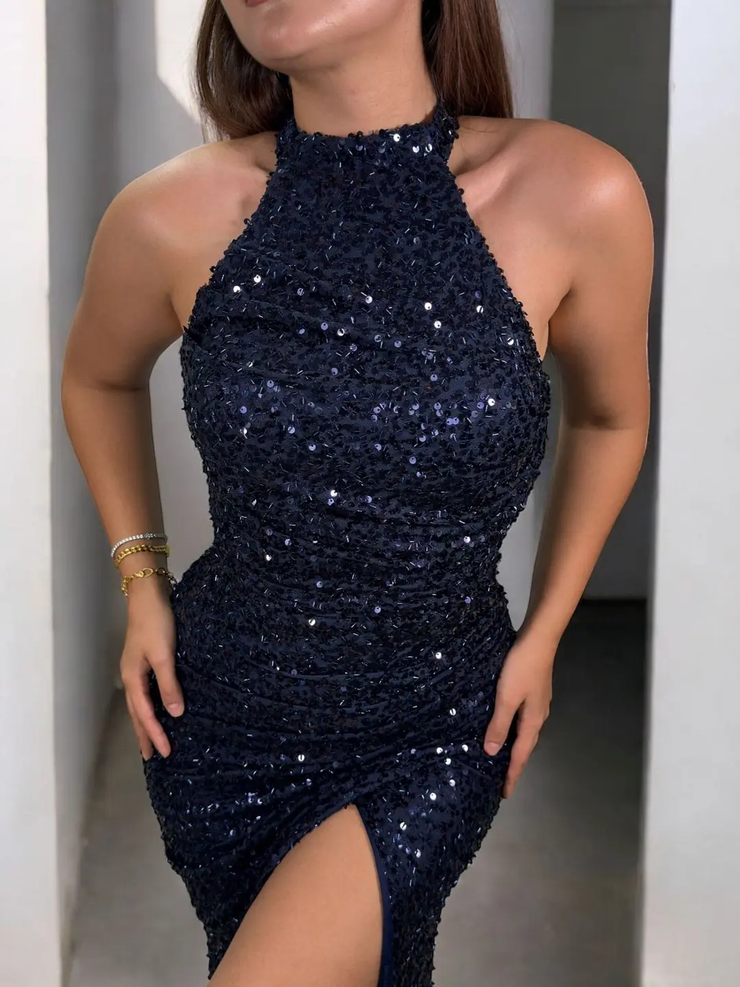 Tessa Halter Yaka Full Payetli Lacivert Abiye Elbise