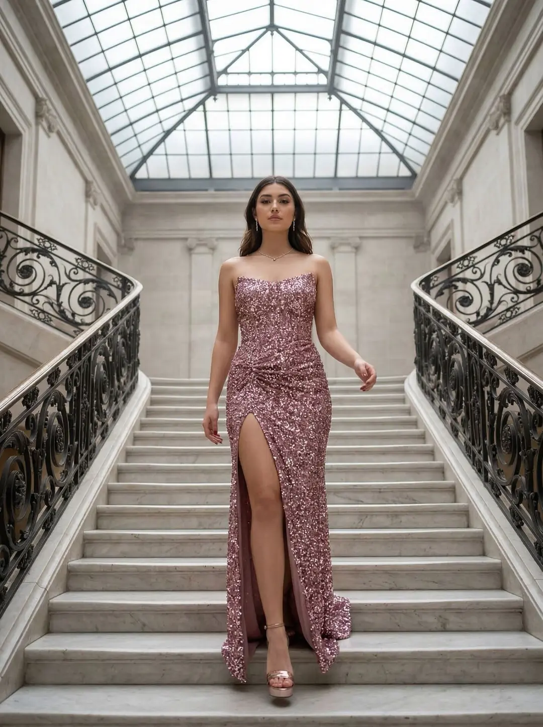 Ürün görseli: Glam Straplez Full Payetli Pembe Renk Balık Model Abiye Elbise