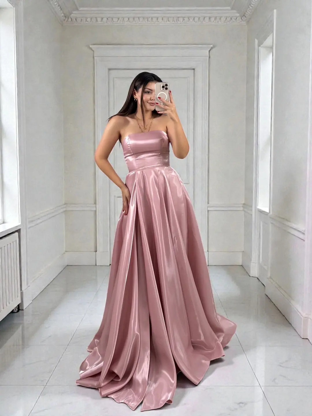 Nora Balon Kollu Parlak Saten Yırtmaçlı Pudra Pembe Abiye Elbise