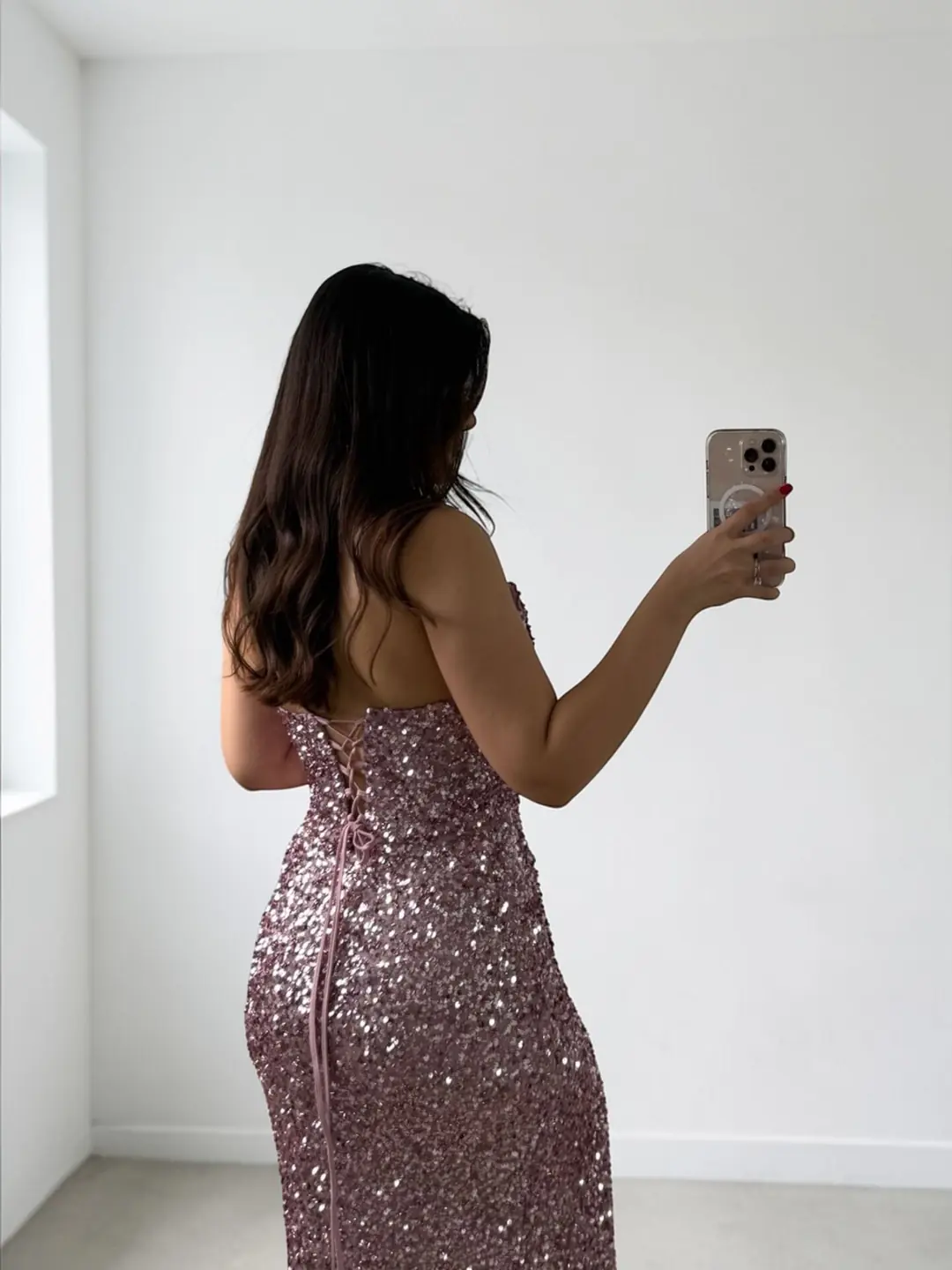 Glam Straplez Full Payetli Pembe Renk Balık Model Abiye Elbise