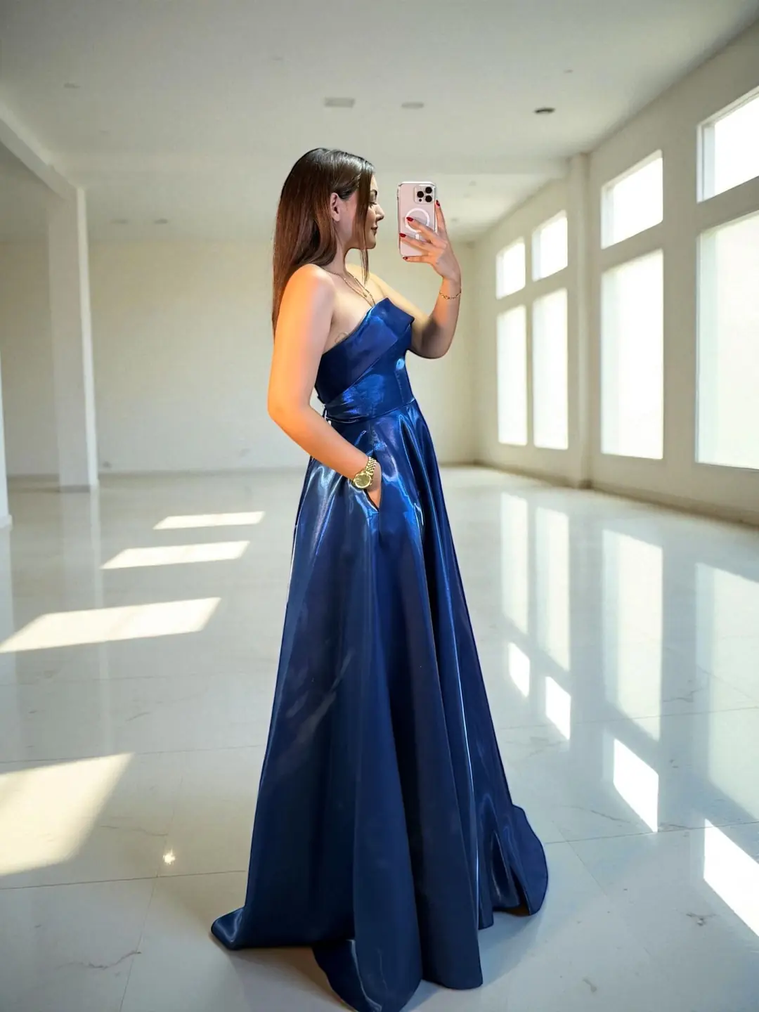 Stella Hologram Saten Straplez Gece Mavi Renk Abiye Elbise