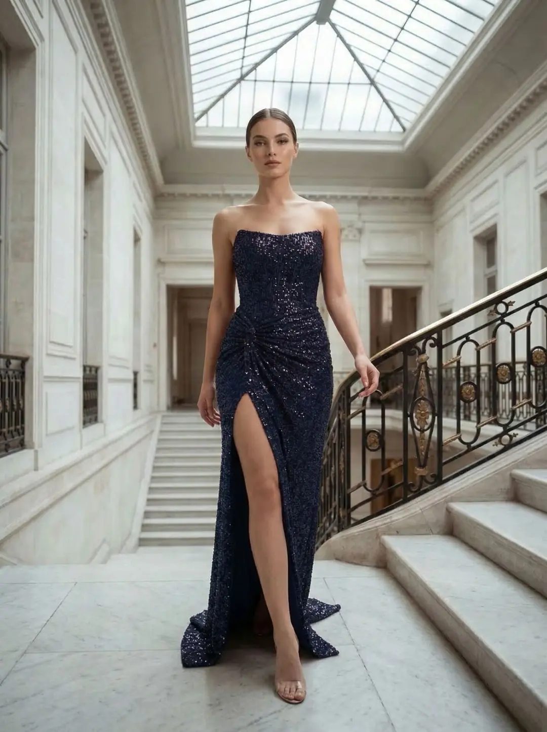 Ürün görseli: Glam Straplez Full Payetli Lacivert Renk Balık Model Abiye Elbise