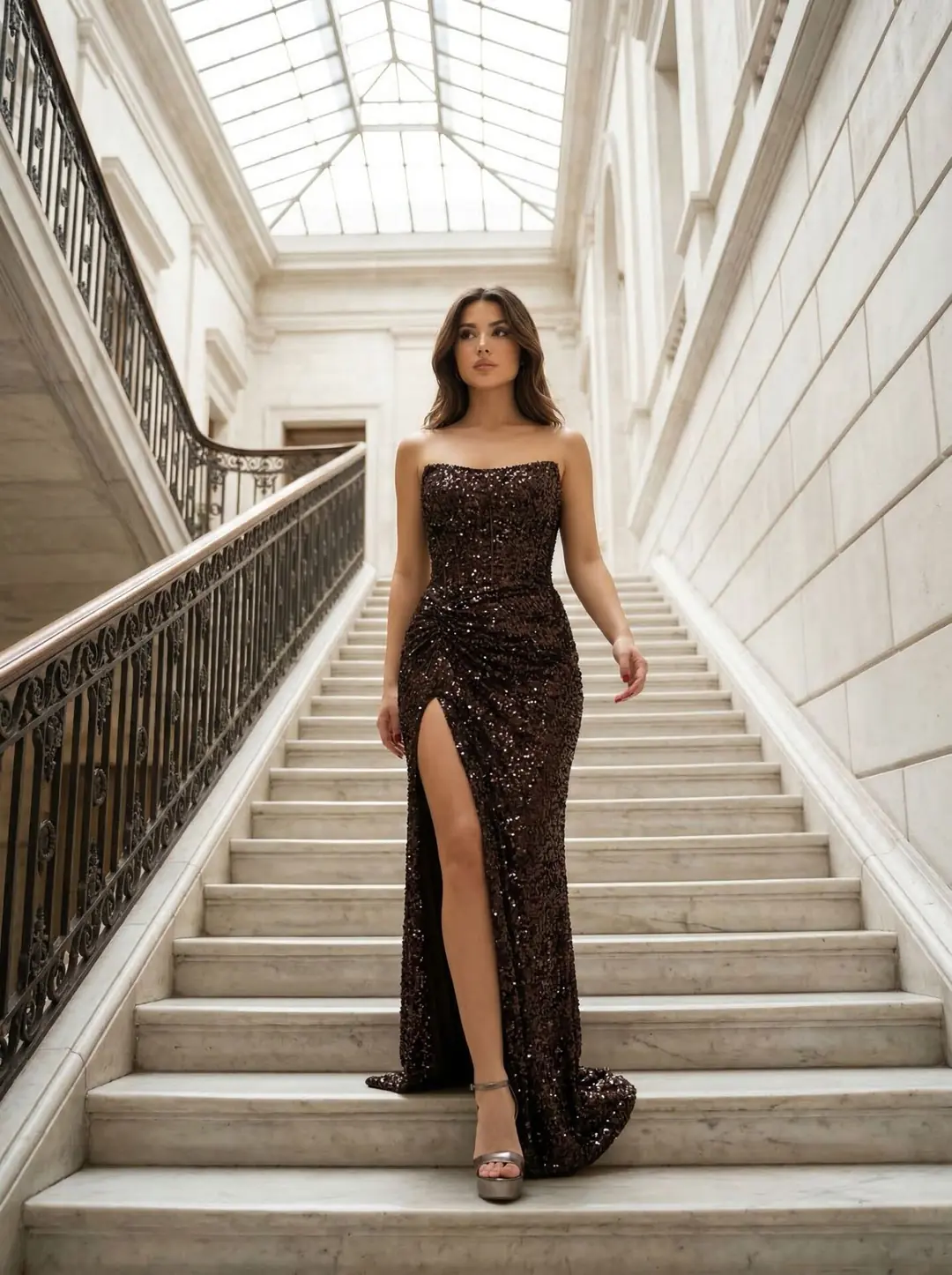 Ürün görseli: Glam Straplez Full Payetli Kahverengi Renk Balık Model Abiye Elbise