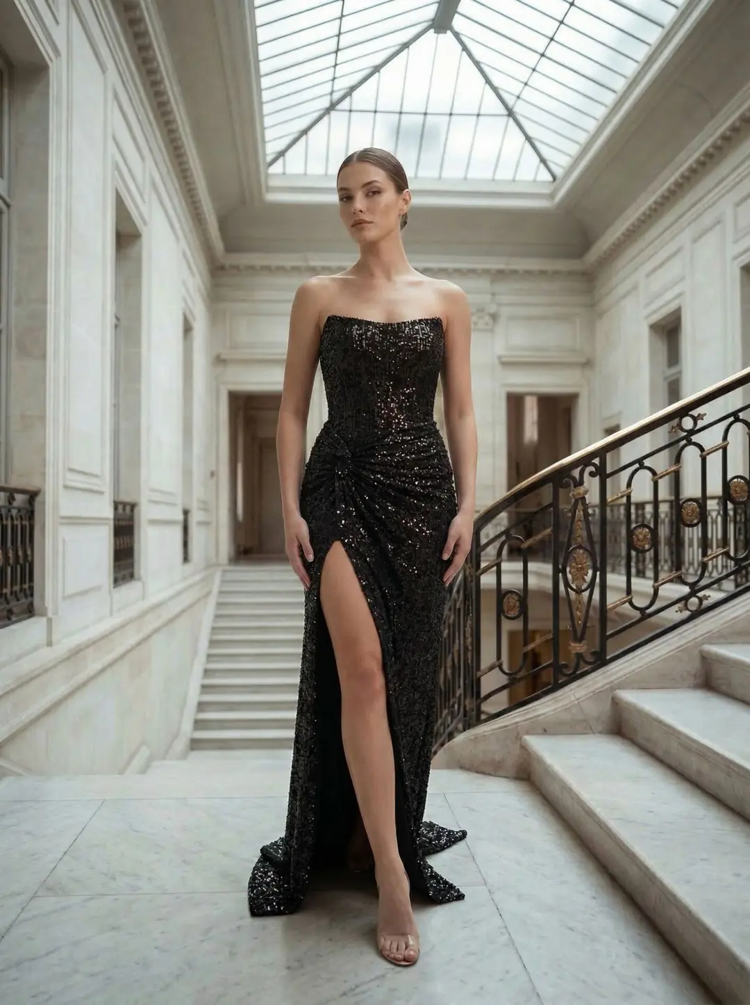 Glam Straplez Full Payetli Siyah Renk Balık Model Abiye Elbise