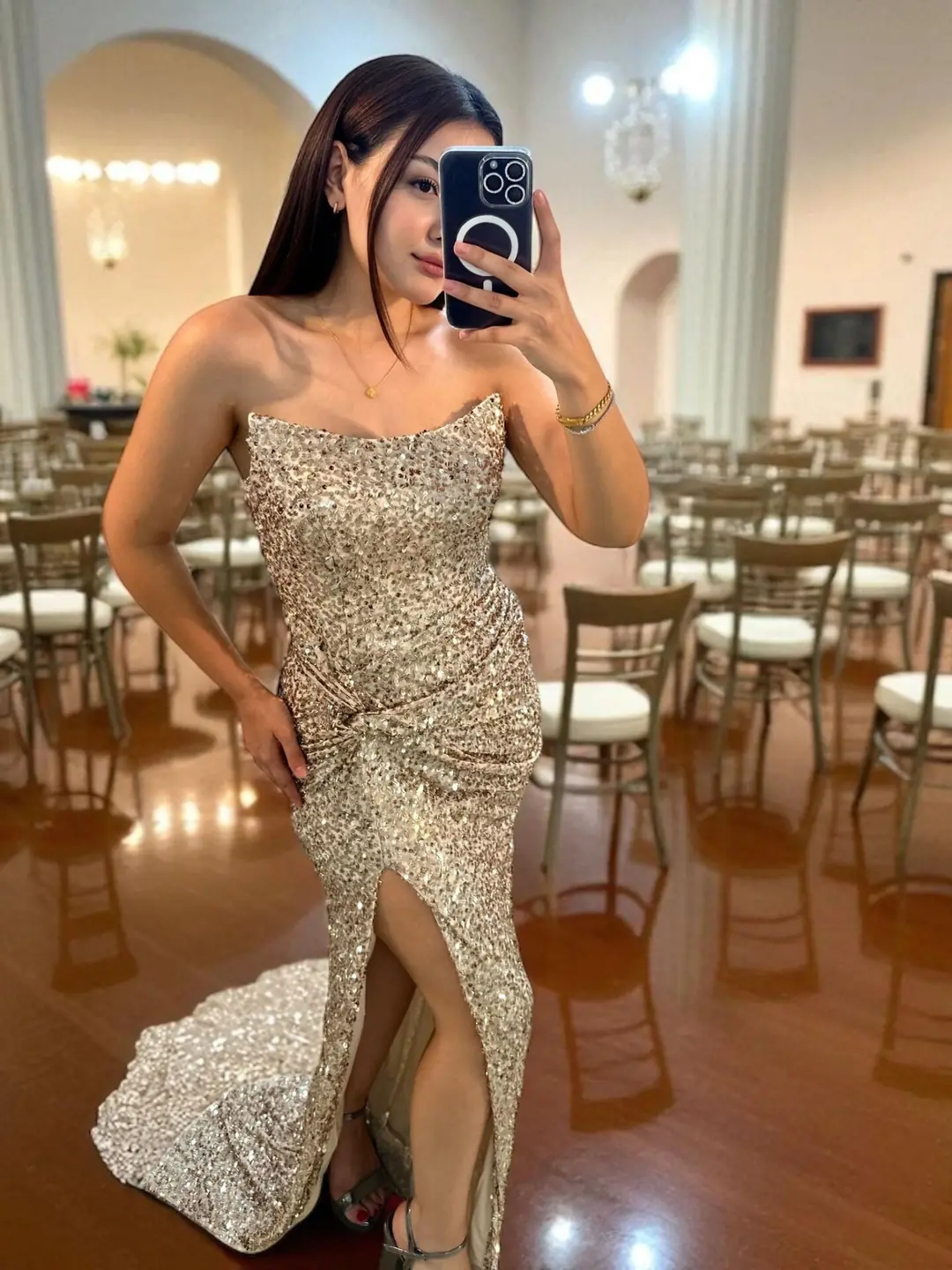 Glam Straplez Full Payetli Gold Renk Balık Model Abiye Elbise