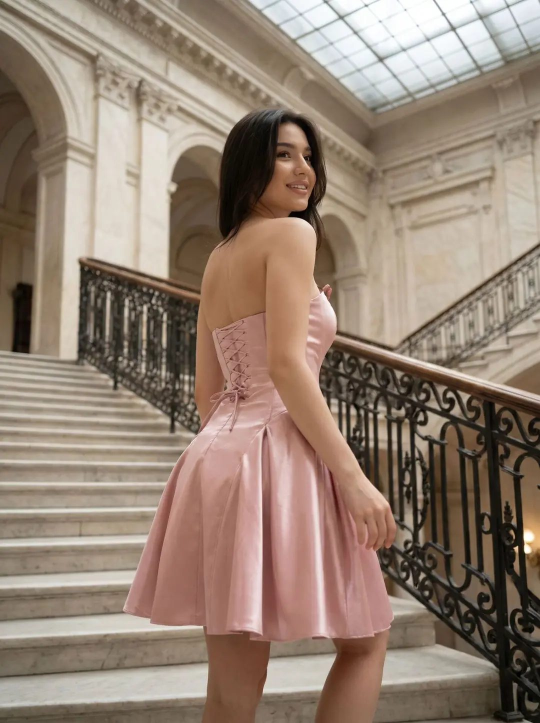 Hansel Hologram Saten Volanlı Pembe Mini Elbise