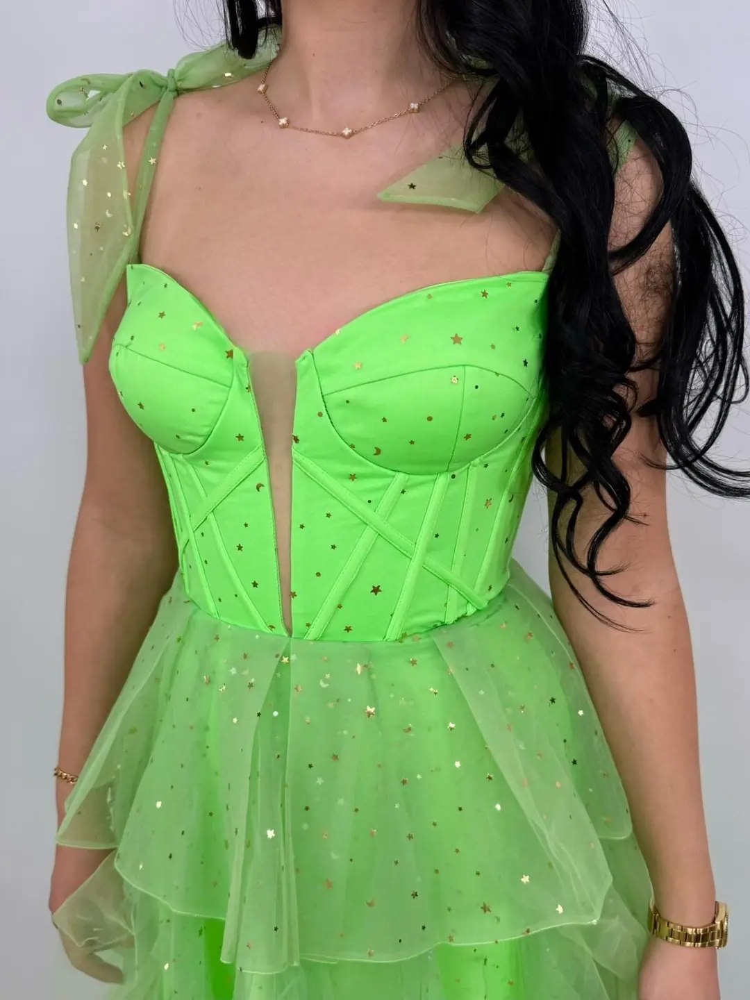 Siana Korseli Katlı Model Neon Yeşil Renk Abiye Elbise