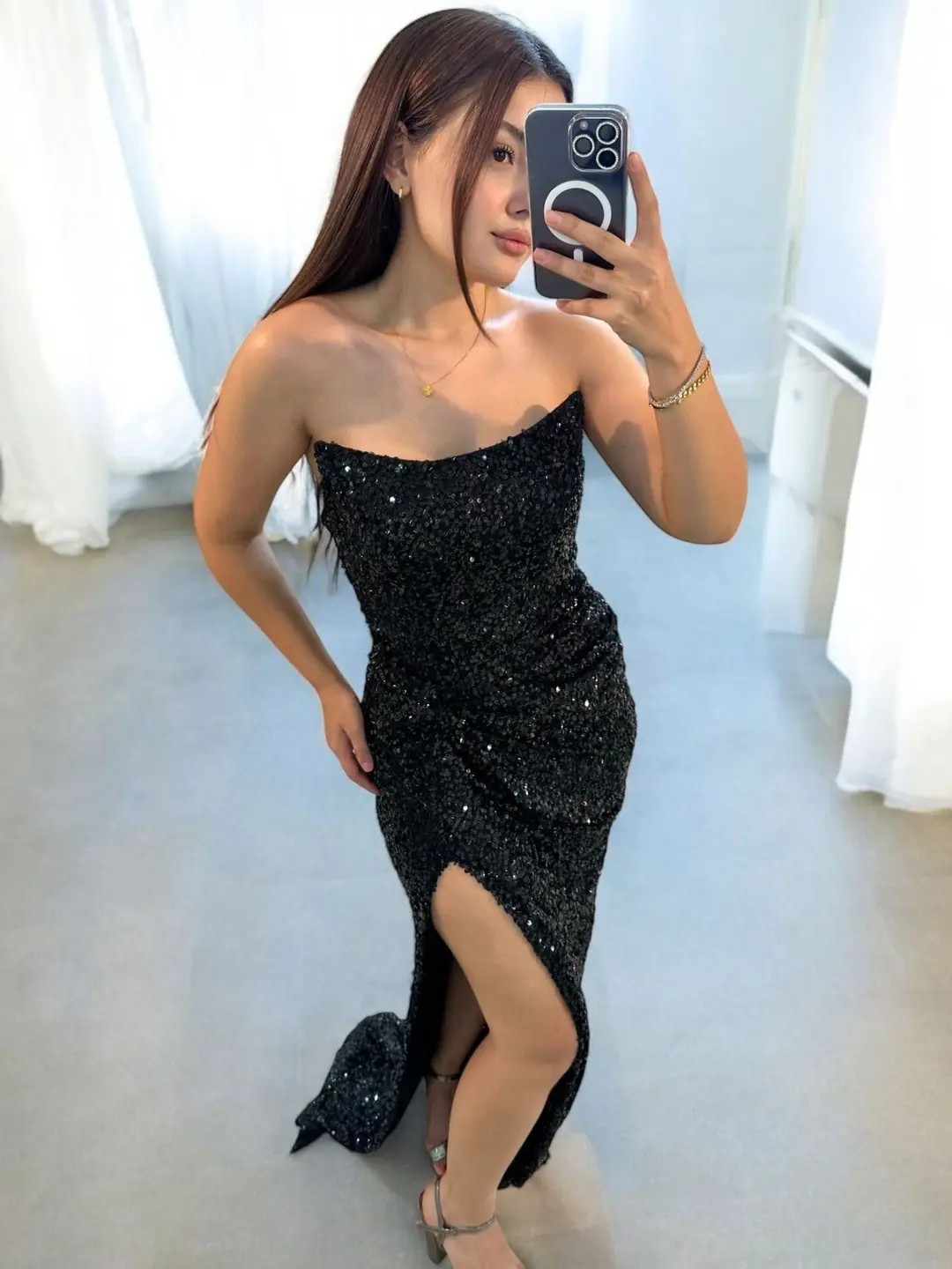 Ürün görseli: Glam Straplez Full Payetli Siyah Renk Balık Model Abiye Elbise