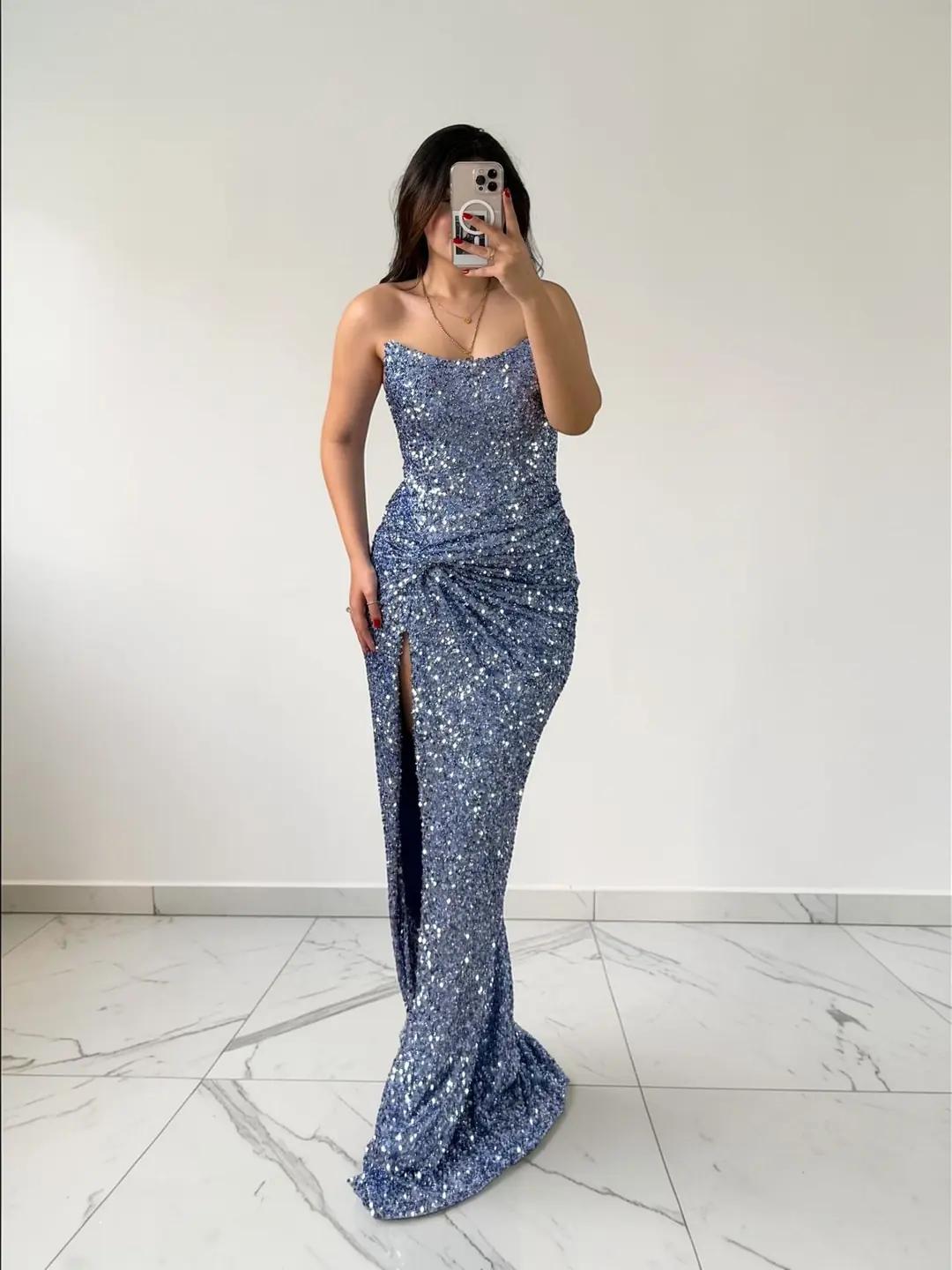 Glam Straplez Full Payetli İndigo Renk Balık Model Abiye Elbise