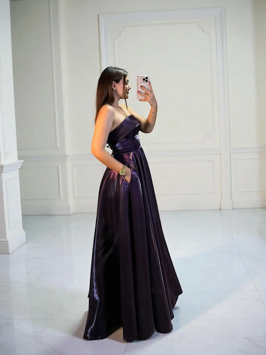 Stella Hologram Saten Straplez Mor Renk Abiye Elbise