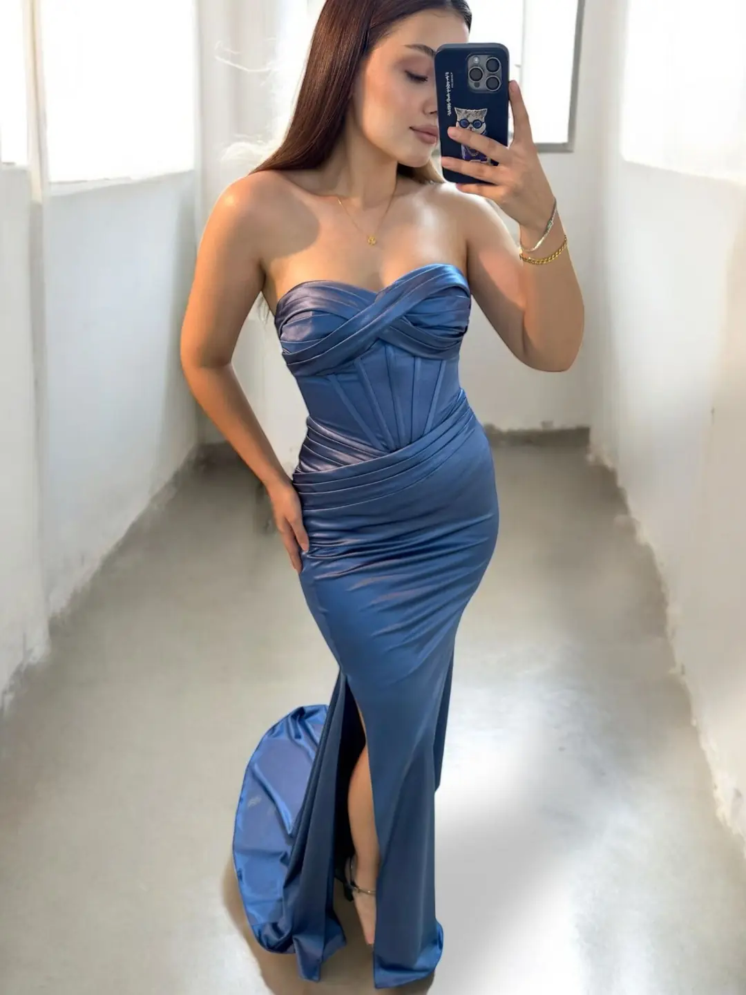 Aura Korseli Balık Model Saten Straplez İndigo Renk Abiye Elbise