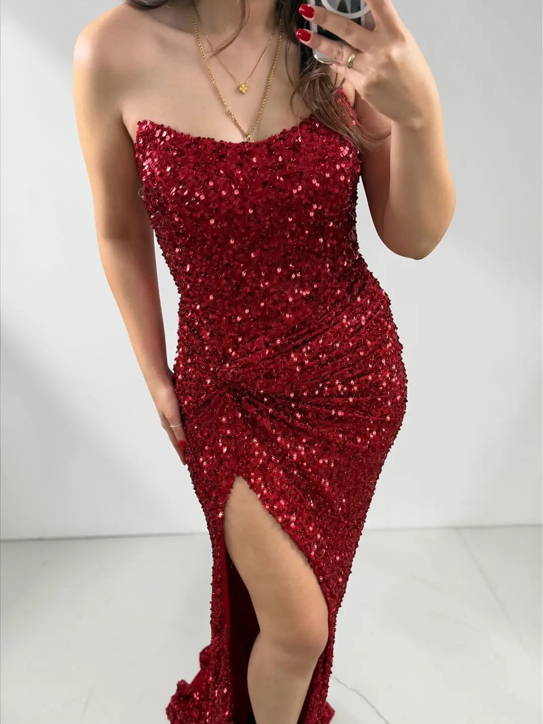 Glam Straplez Full Payetli Kırmızı Renk Balık Model Abiye Elbise