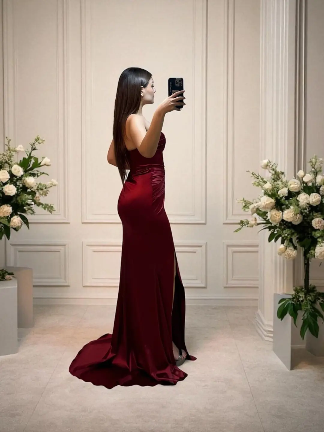 Aura Korseli Balık Model Saten Straplez Bordo Renk Abiye Elbise