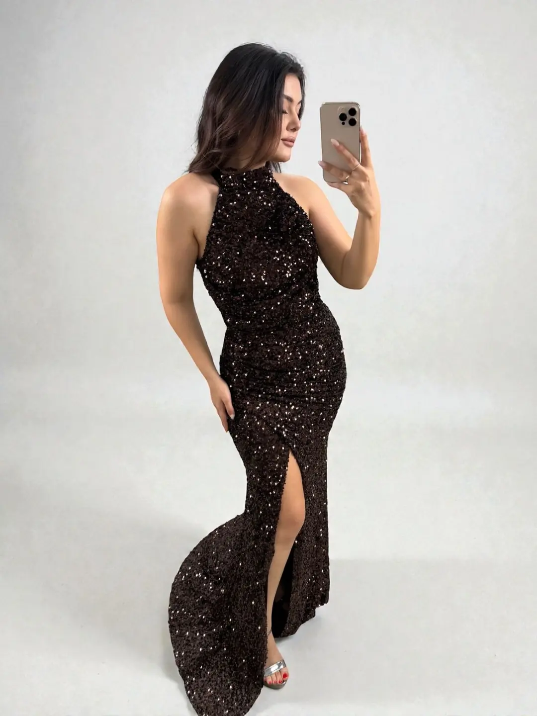 Tessa Halter Yaka Full Payetli Acı Kahve Renk Abiye Elbise