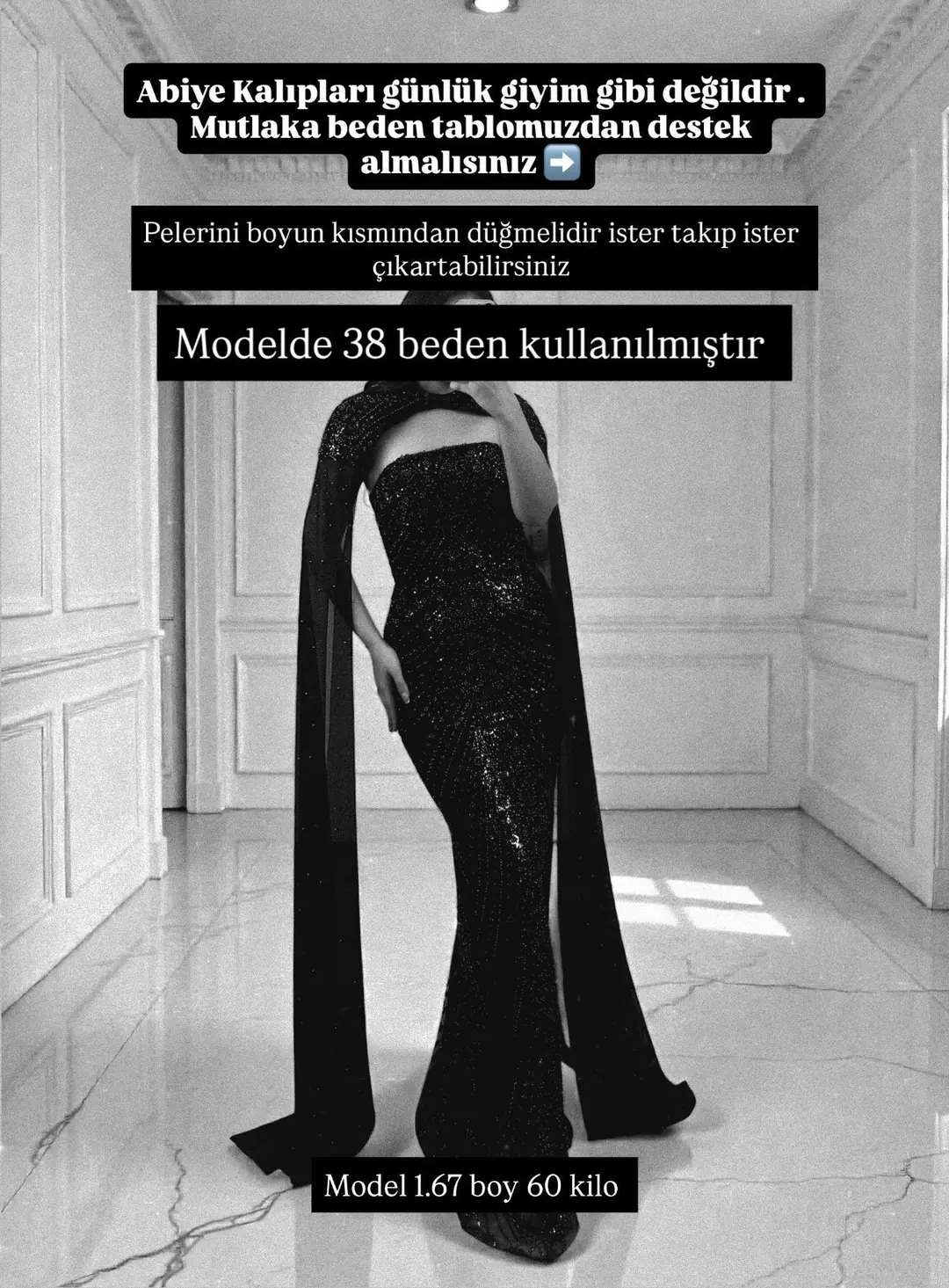 Valentina Boncuk Payet İşlemeli Pelerinli Siyah Tasarım Abiye Elbise