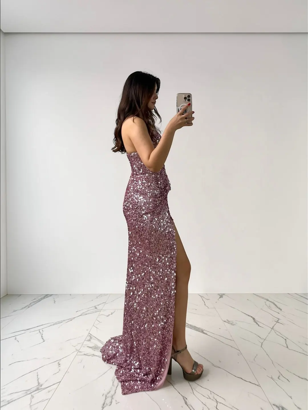 Glam Straplez Full Payetli Pembe Renk Balık Model Abiye Elbise