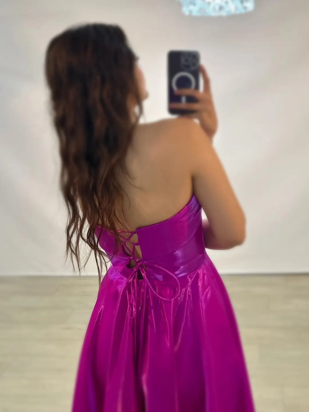 Stella Hologram Saten Straplez Fuşya Renk Abiye Elbise