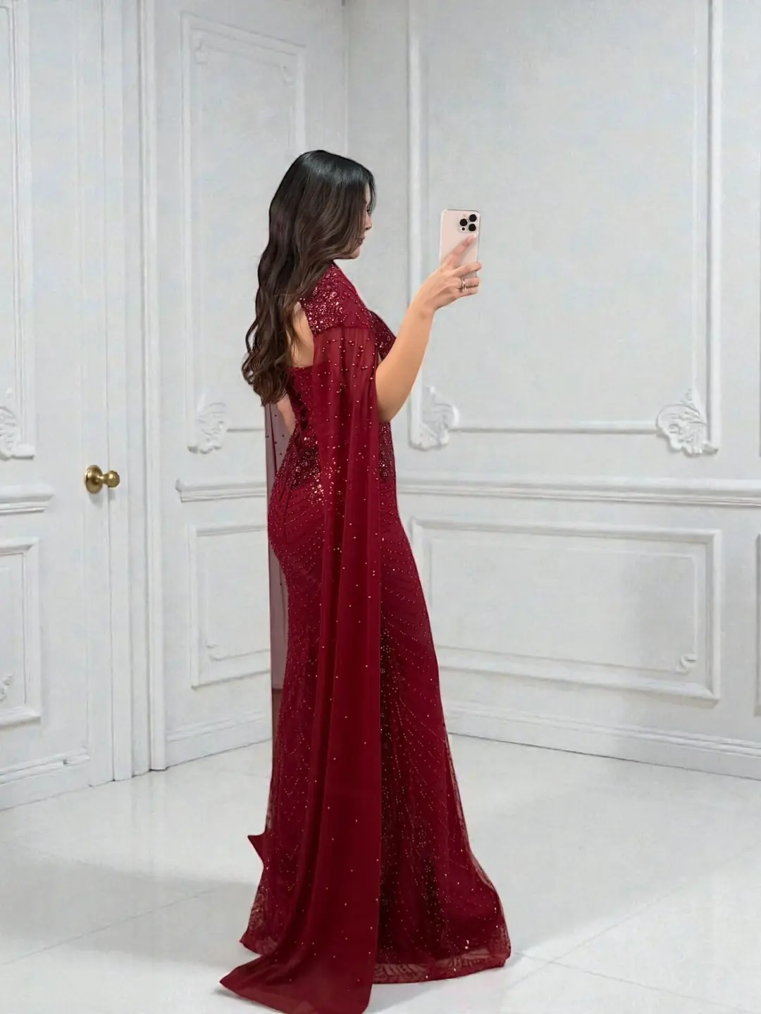 Valentina Boncuk Payet İşlemeli Pelerinli Bordo Tasarım Abiye Elbise