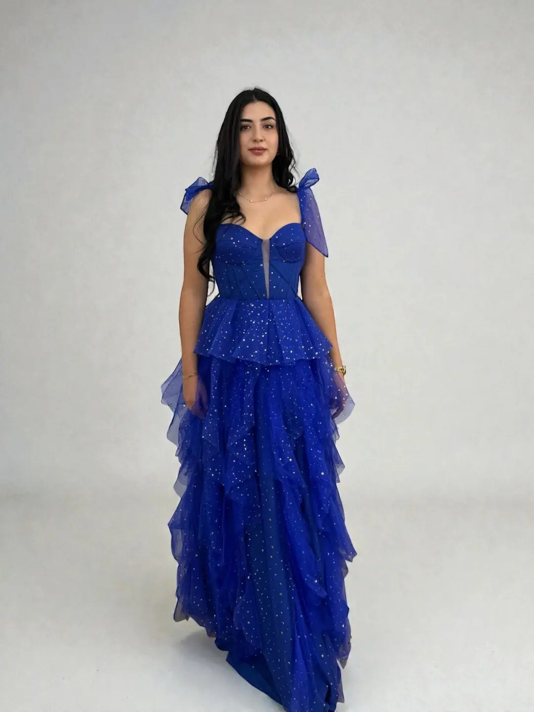 Ürün görseli: Siana Korseli Katlı Model Saks Renk Abiye Elbise