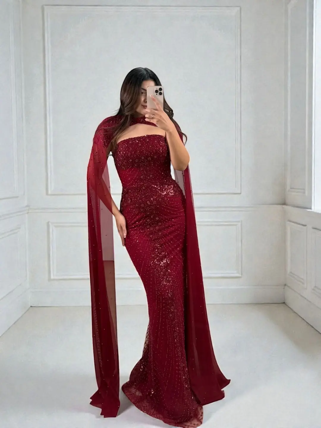 Valentina Boncuk Payet İşlemeli Pelerinli Bordo Tasarım Abiye Elbise