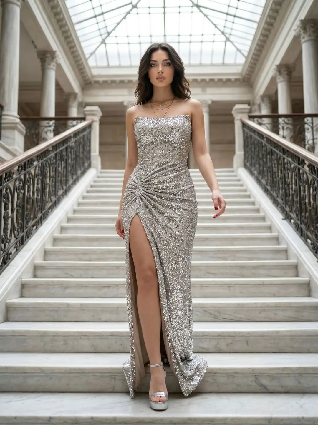 Ürün görseli: Glam Straplez Full Payetli Gümüş Renk Balık Model Abiye Elbise