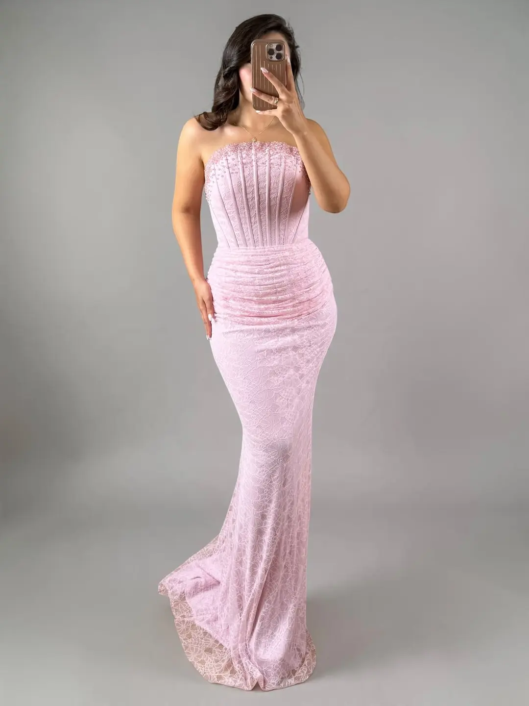 DAMEN Dantelli Taş İşlemeli Oval Yaka Pudra Pembe Renk Balık Abiye Elbise
