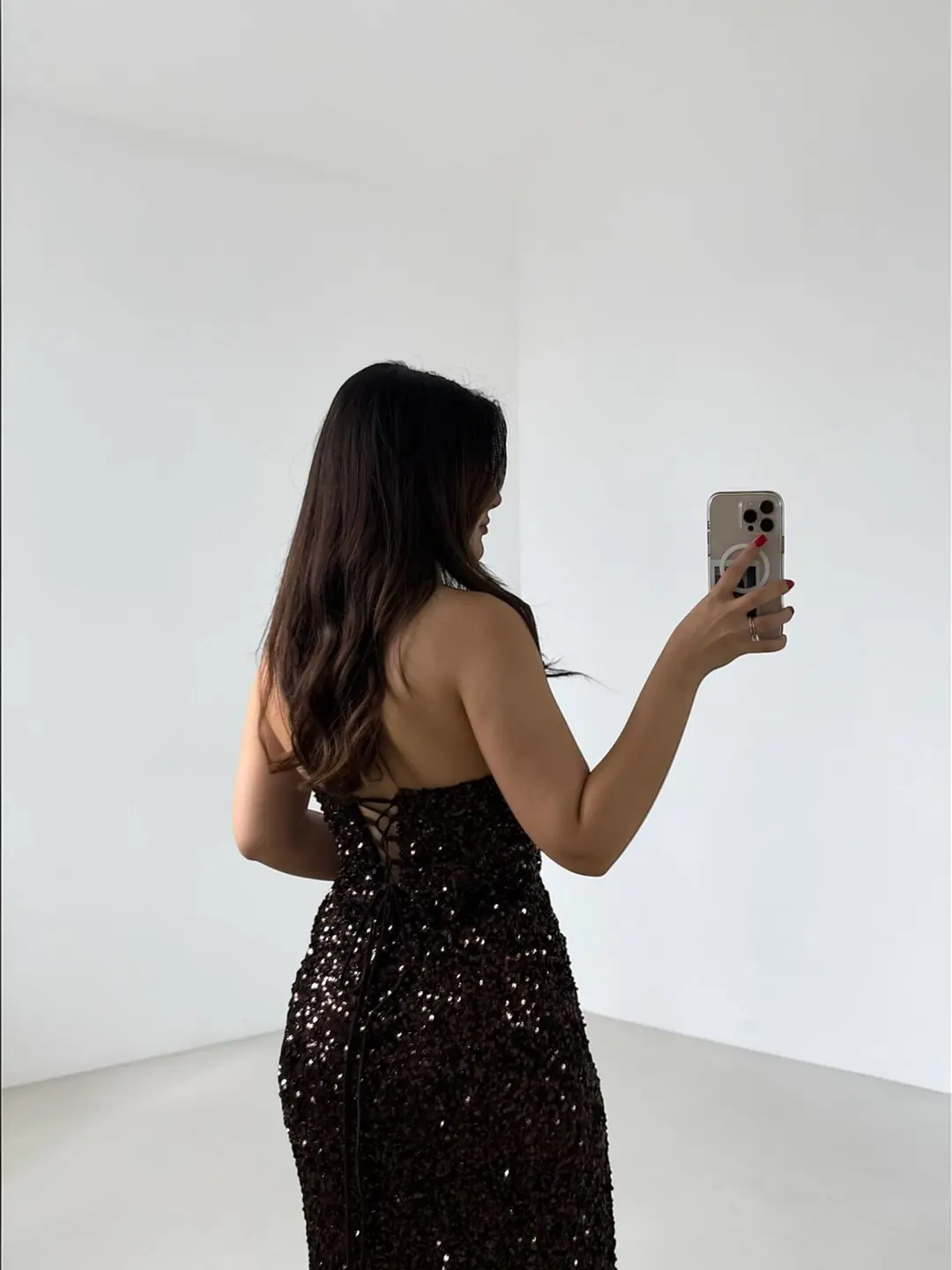 Glam Straplez Full Payetli Kahverengi Renk Balık Model Abiye Elbise