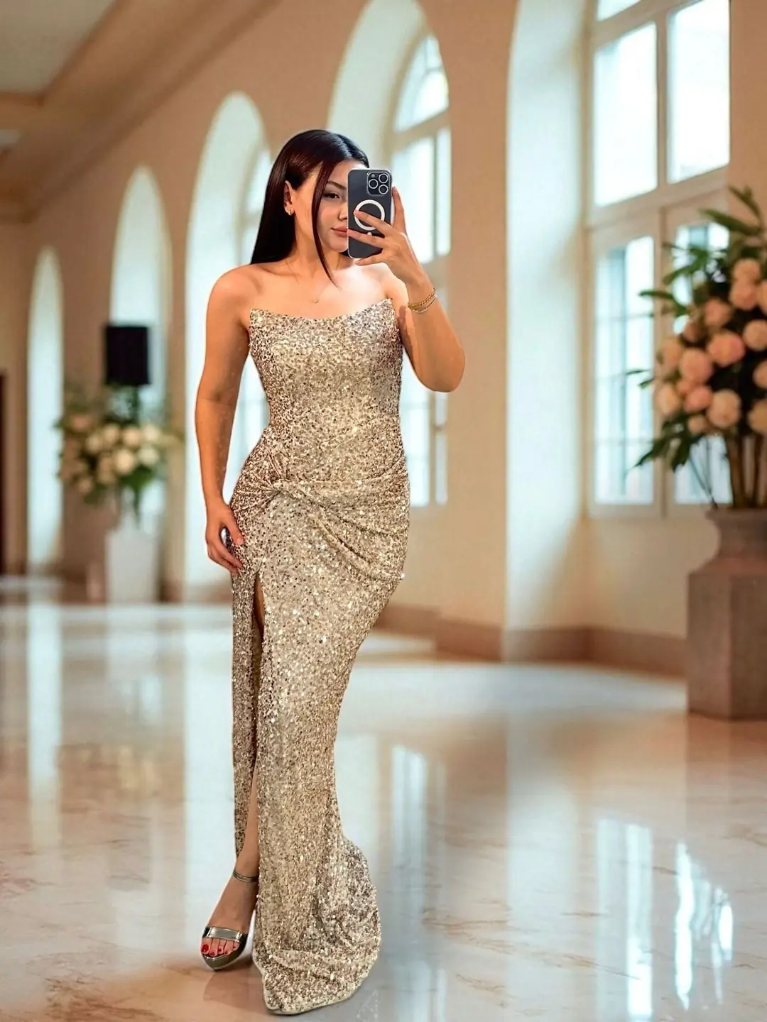 Glam Straplez Full Payetli Gold Renk Balık Model Abiye Elbise