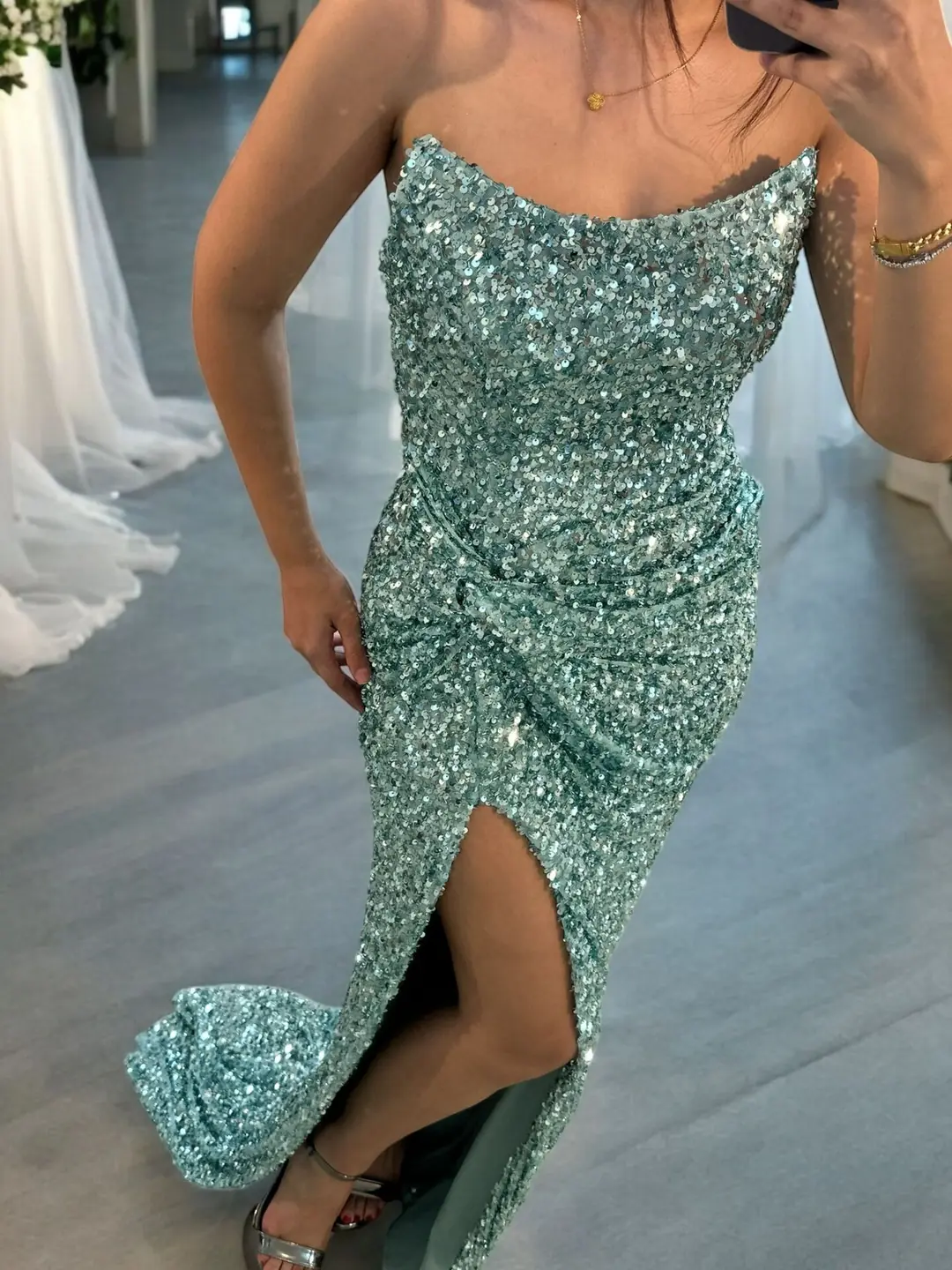 Glam Straplez Full Payetli Turkuvaz Renk Balık Model Abiye Elbise