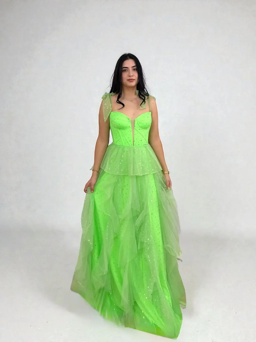 Siana Korseli Katlı Model Neon Yeşil Renk Abiye Elbise