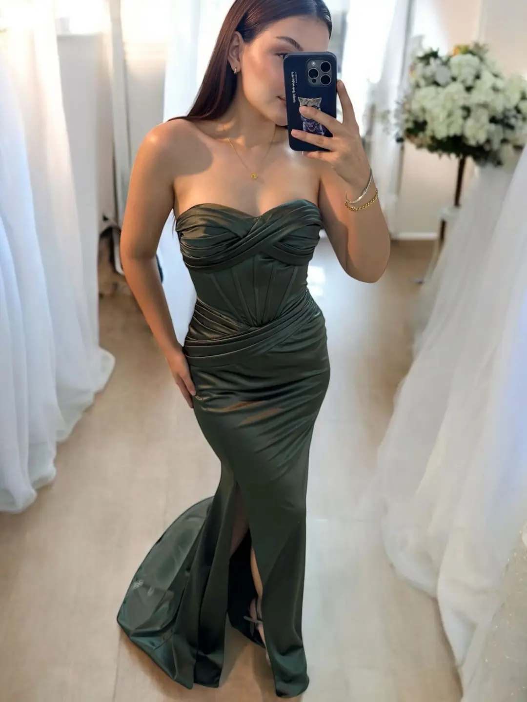 Aura Korseli Balık Model Saten Straplez Yeşil Renk Abiye Elbise