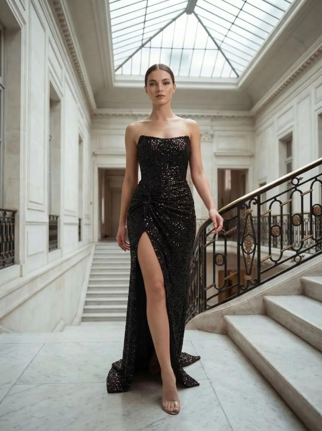 Glam Straplez Full Payetli Siyah Renk Balık Model Abiye Elbise