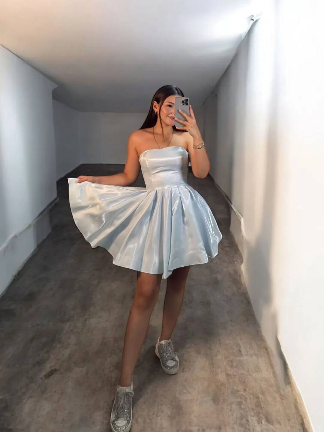 Ürün görseli: Candy Kısa Hologram Saten Bebe Mavisi Abiye Elbise