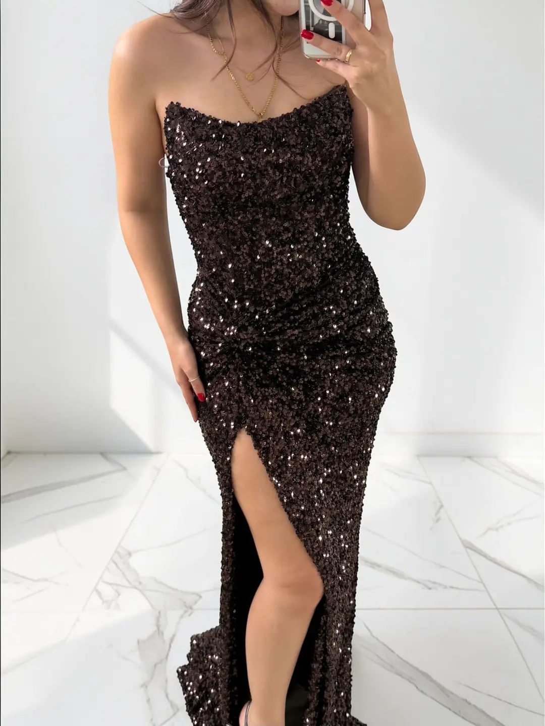 Glam Straplez Full Payetli Kahverengi Renk Balık Model Abiye Elbise