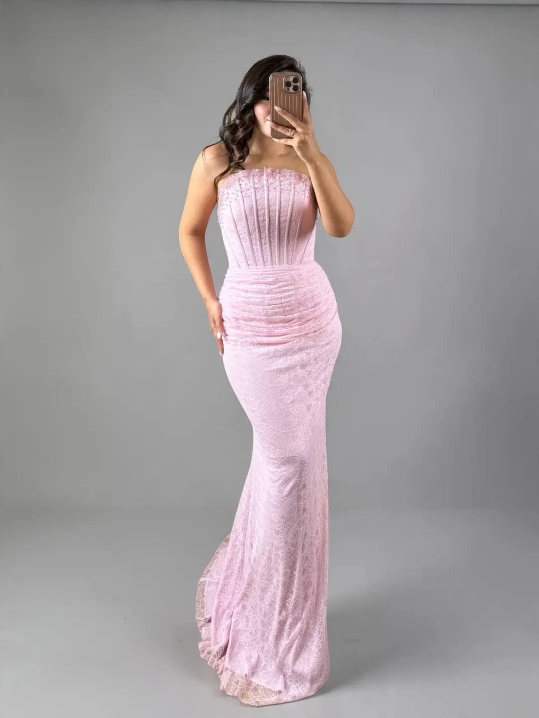 DAMEN Dantelli Taş İşlemeli Oval Yaka Pudra Pembe Renk Balık Abiye Elbise