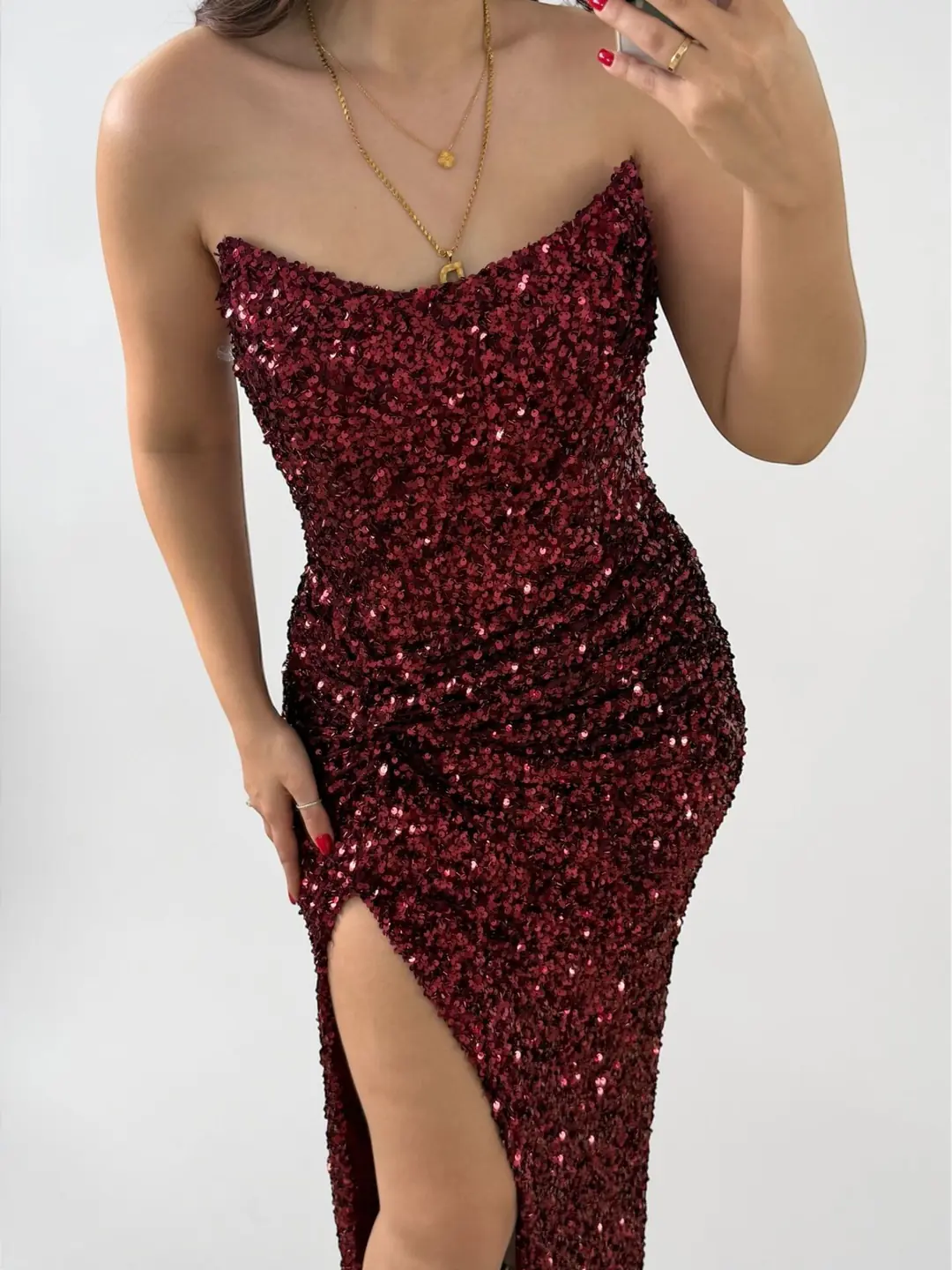 Glam Straplez Full Payetli Bordo Renk Balık Model Abiye Elbise