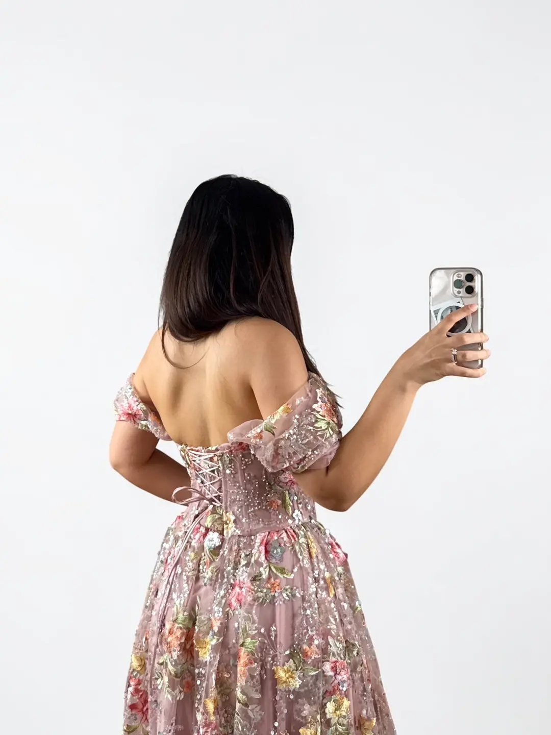 Lisa Premium Prenses Kollu Korseli Yoğun işlemeli Kloş Pembe Renk Abiye Elbise