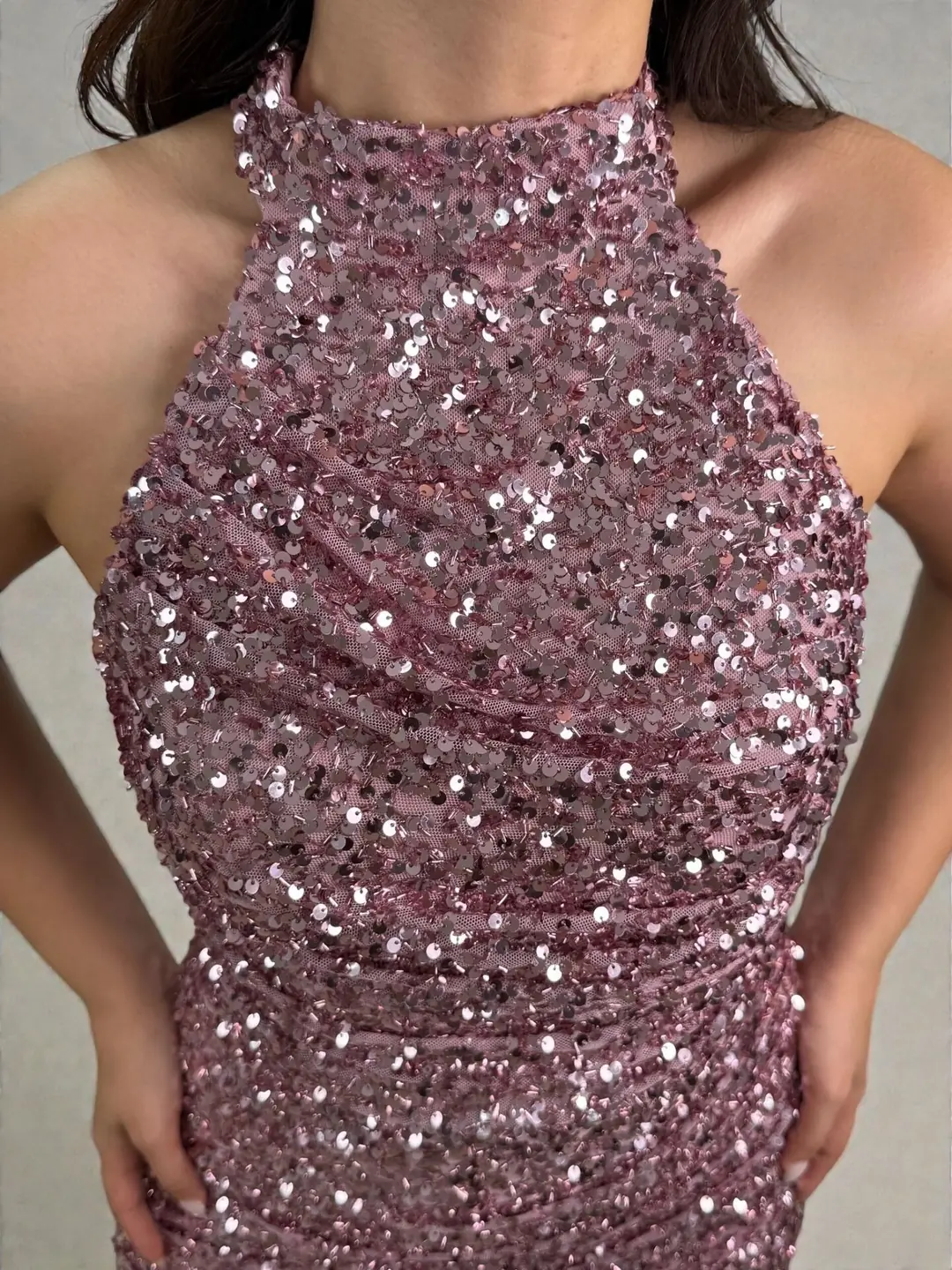 Tessa Halter Yaka Full Payetli Pembe Renk Abiye Elbise