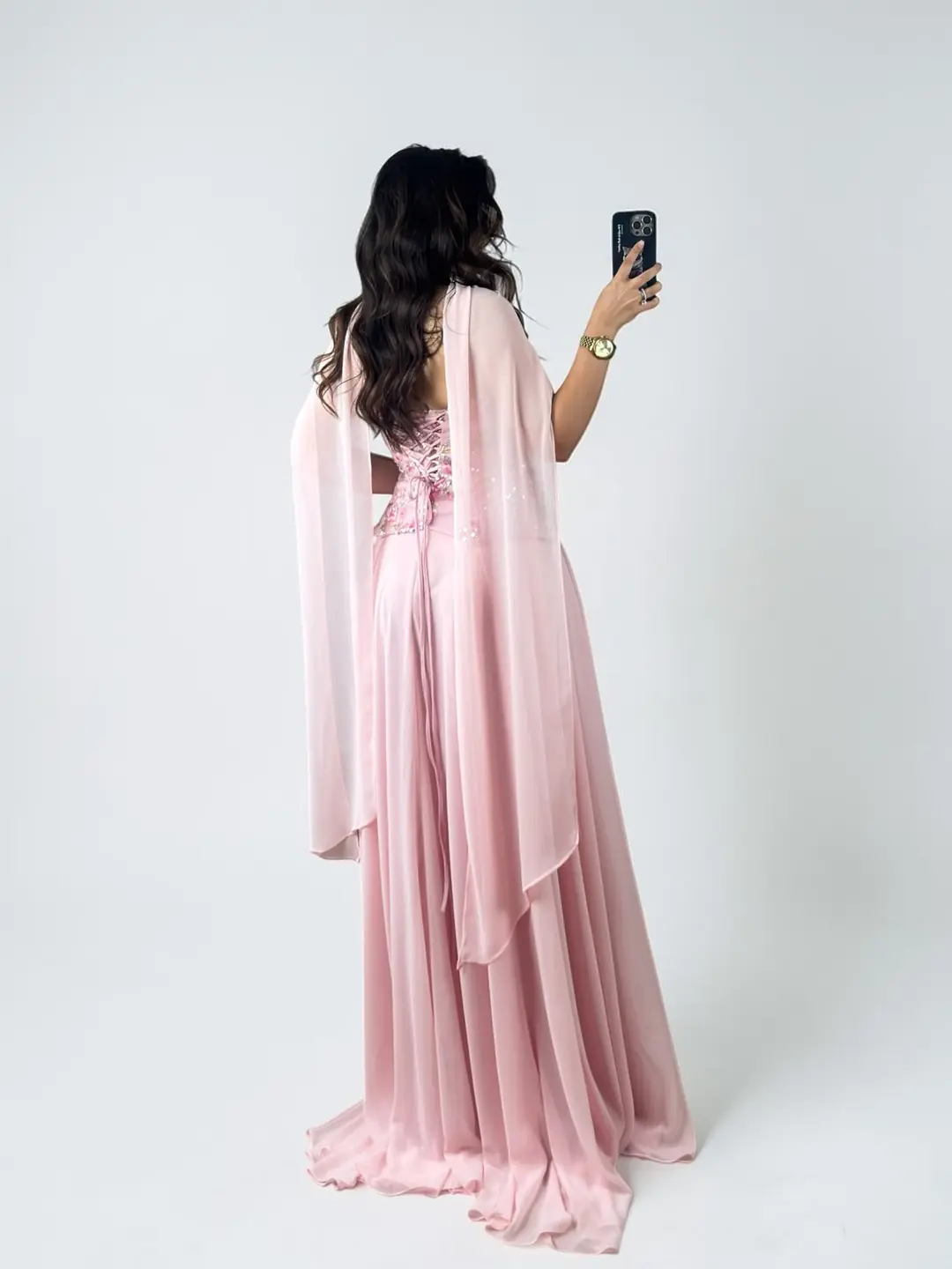 Lisa Çiçek İşlemeli Korseli Şifon Fular Detaylı Abiye Elbise Pembe