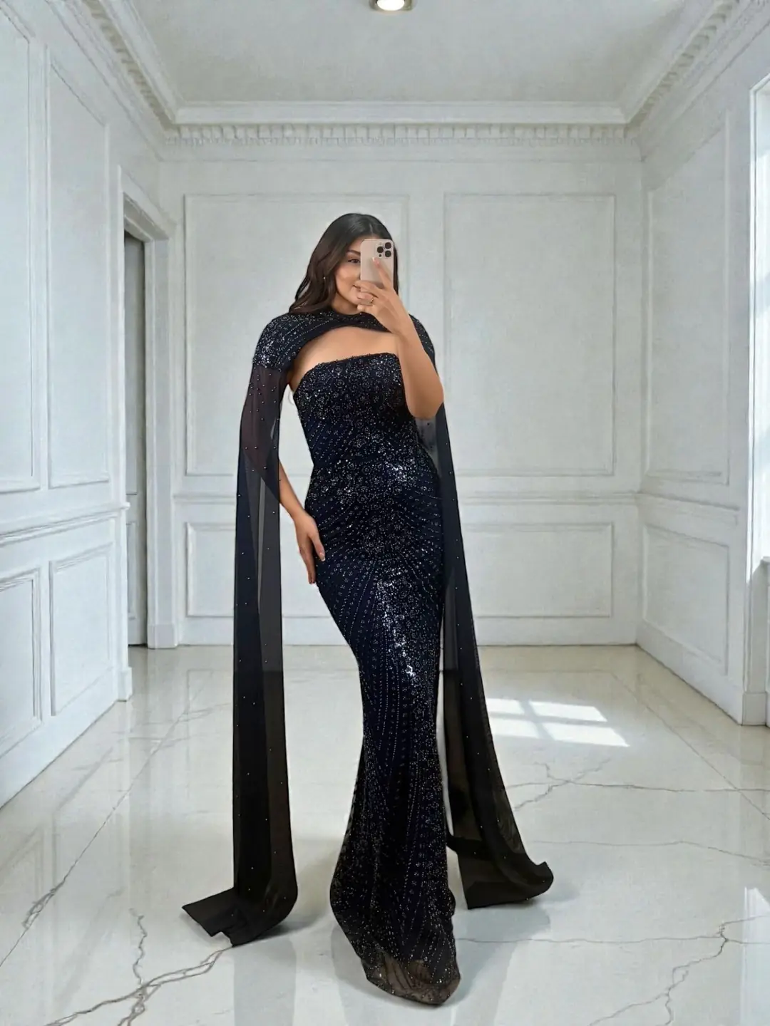 Ürün görseli: Valentina Boncuk Payet İşlemeli Pelerinli Lacivert Tasarım Abiye Elbise