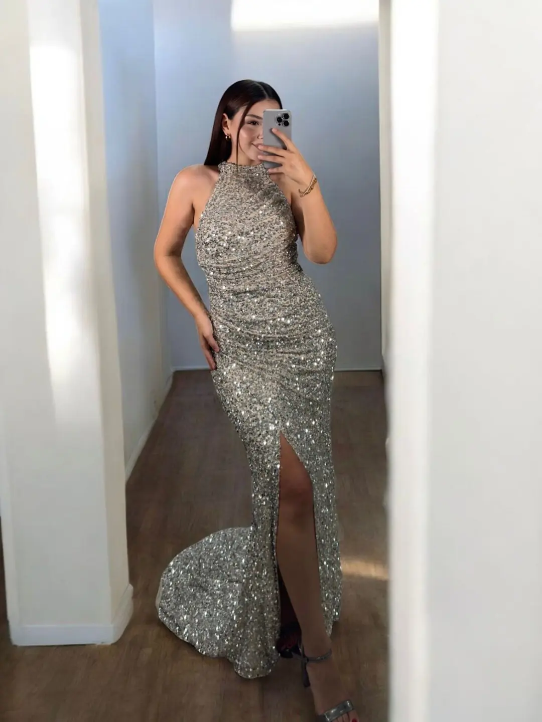 Tessa Halter Yaka Full Payetli Gümüş Renk Abiye Elbise