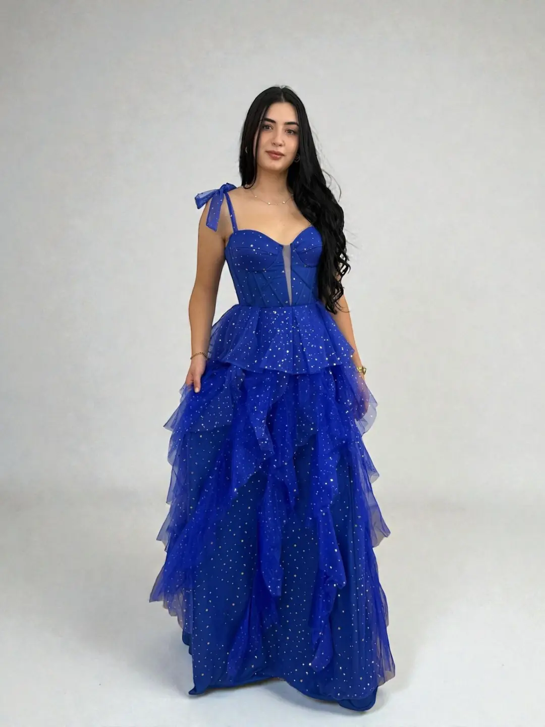 Siana Korseli Katlı Model Saks Renk Abiye Elbise