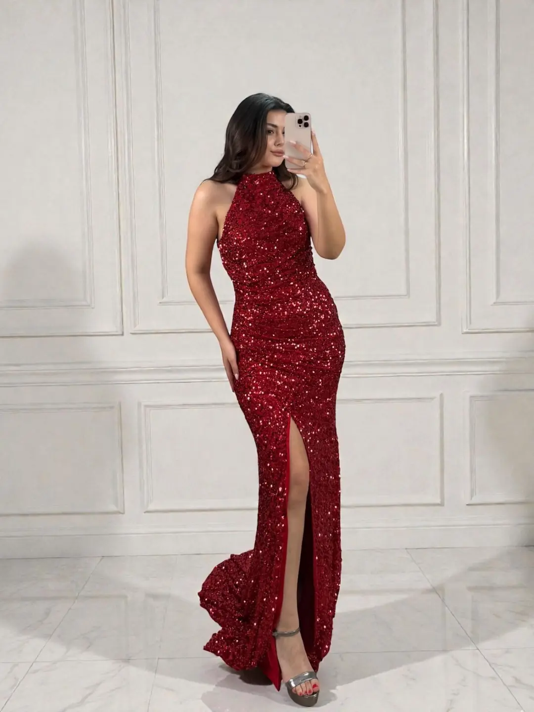 Tessa Halter Yaka Full Payetli Kırmızı Renk Abiye Elbise